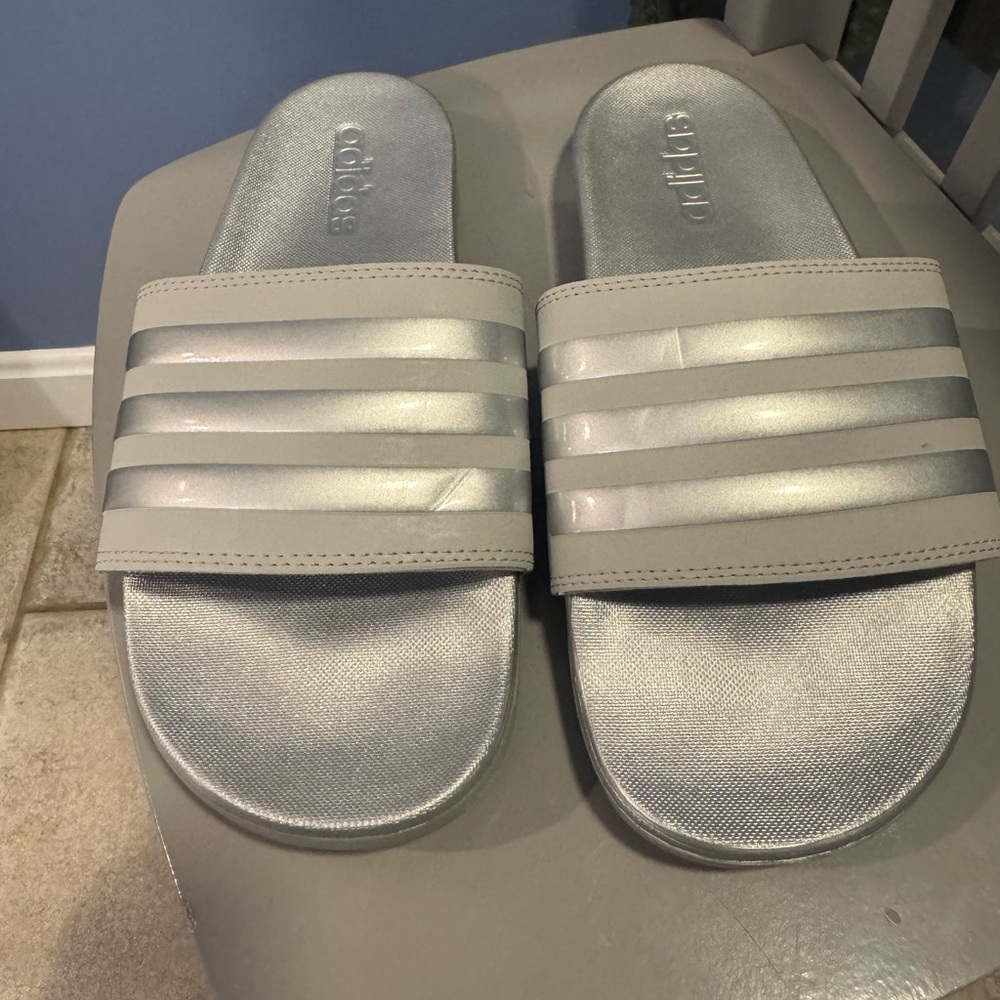 adidas Silver Metallic Slide Sandals Size 7